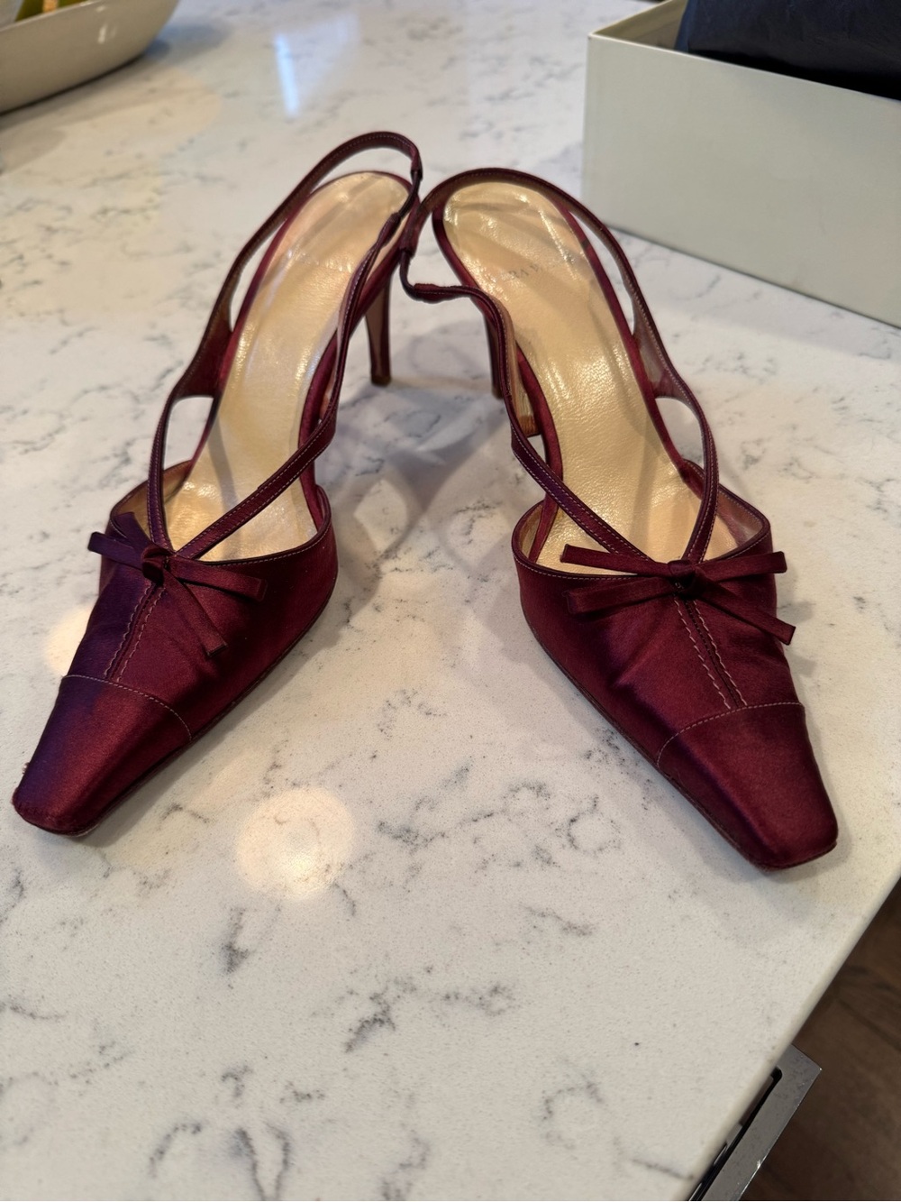 Vera Wang Wine Satin Pointed Slingback Heels with Bow Accent